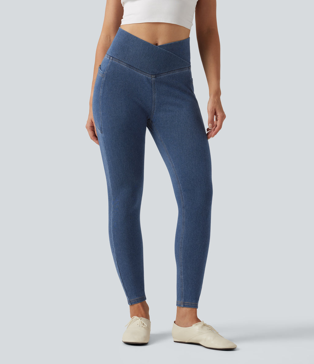 Denim Heat High Waisted Asymmetric Casual Leggings with Pockets — Tide Blue Denim — view 4