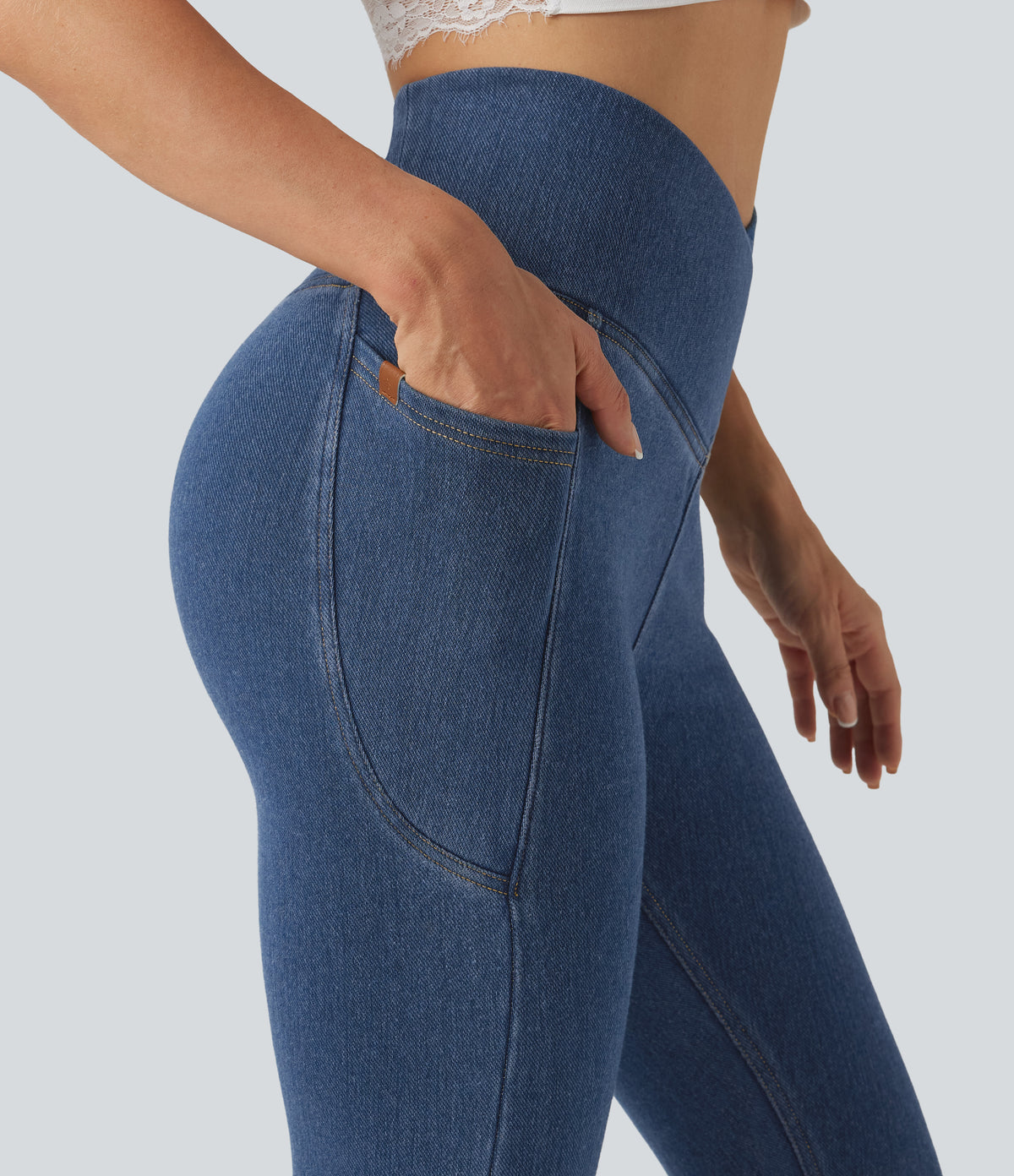 Denim Heat High Waisted Asymmetric Casual Leggings with Pockets — Tide Blue Denim — view 7