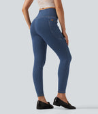 Denim Heat High Waisted Asymmetric Casual Leggings with Pockets — Tide Blue Denim — view 2