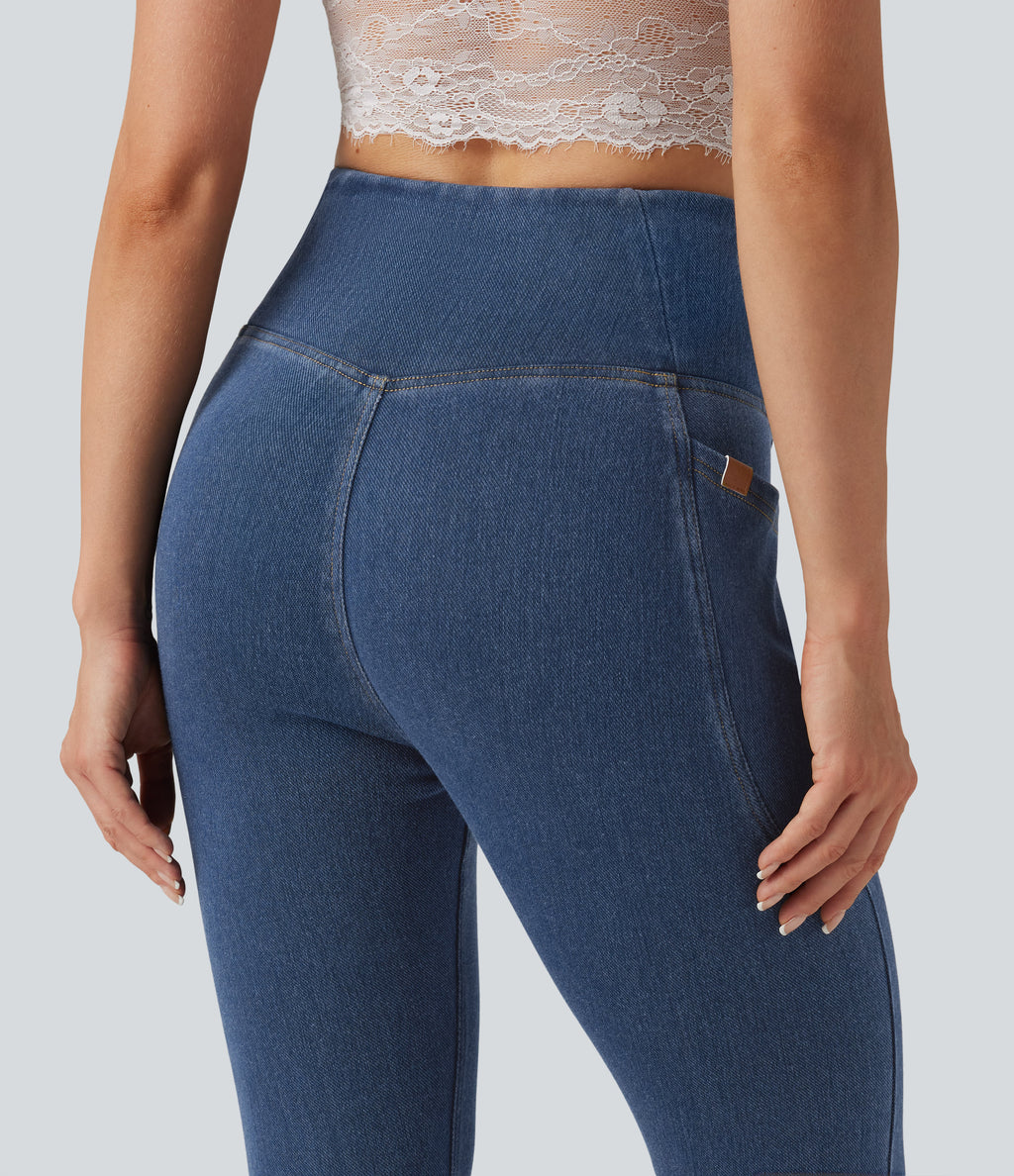 Denim Heat High Waisted Asymmetric Casual Leggings with Pockets — Tide Blue Denim — view 6