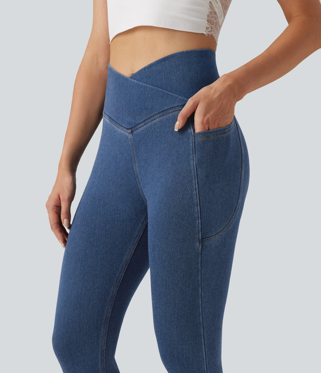 Denim Heat High Waisted Asymmetric Casual Leggings with Pockets — Tide Blue Denim — view 5