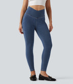 Denim Heat High Waisted Asymmetric Casual Leggings with Pockets — Tide Blue Denim — view 1