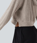 Ribbed Knit Hooded Long Sleeve Lounge Top — Smoked Olive — view 6