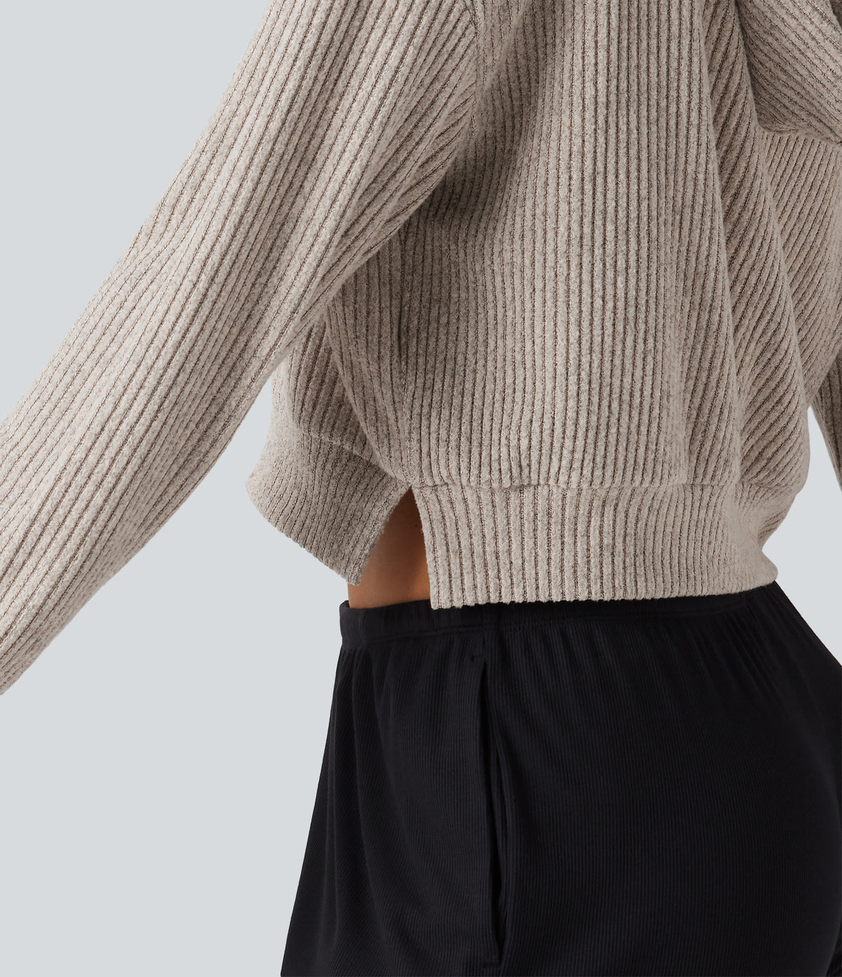 Ribbed Knit Hooded Long Sleeve Lounge Top — Smoked Olive — view 6