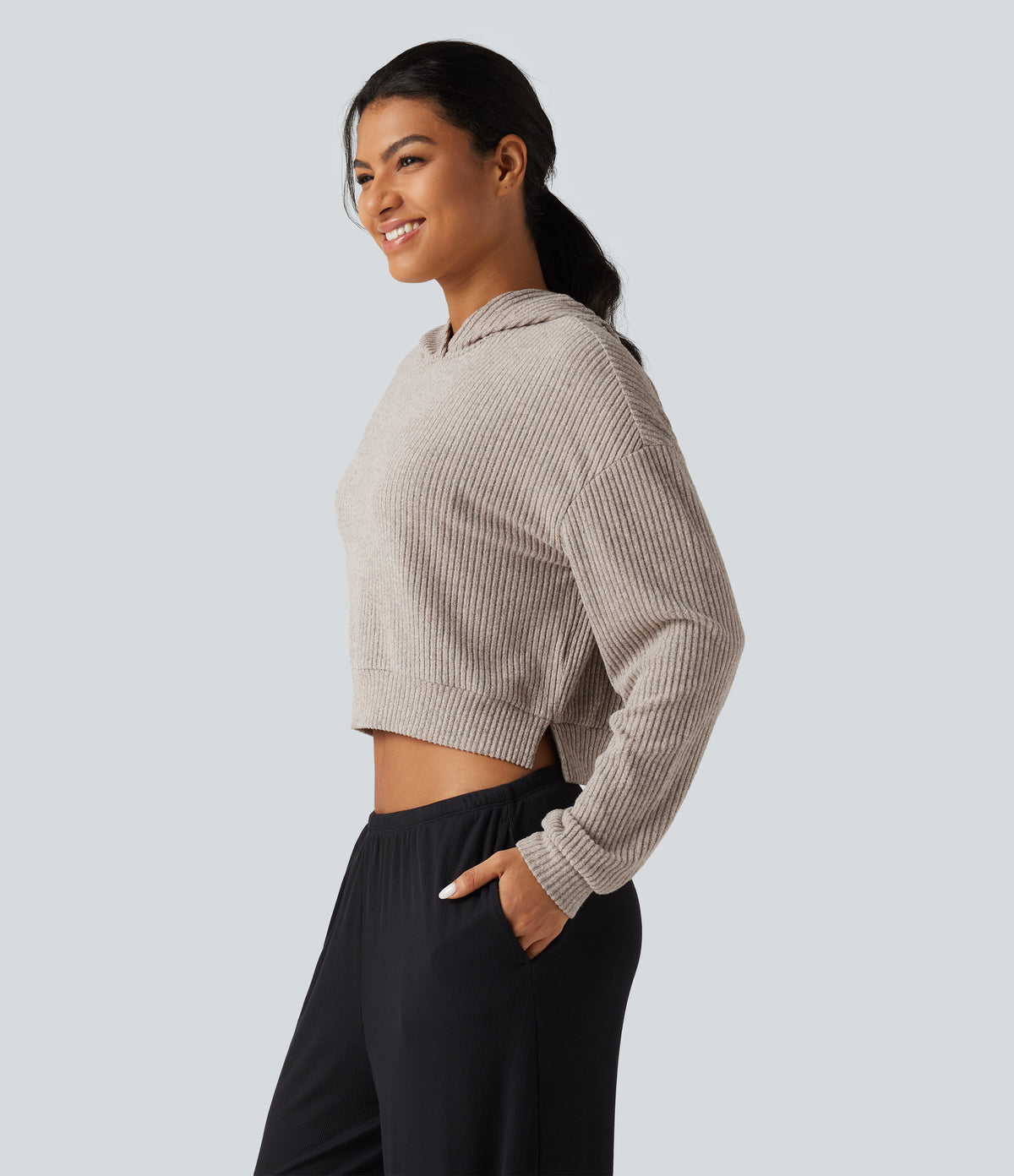 Ribbed Knit Hooded Long Sleeve Lounge Top — Smoked Olive — view 3