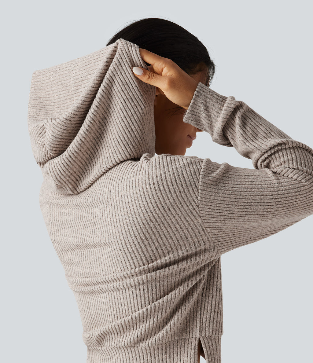 Ribbed Knit Hooded Long Sleeve Lounge Top — Smoked Olive — view 5