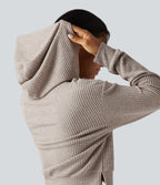 Ribbed Knit Hooded Long Sleeve Lounge Top — Smoked Olive — view 5