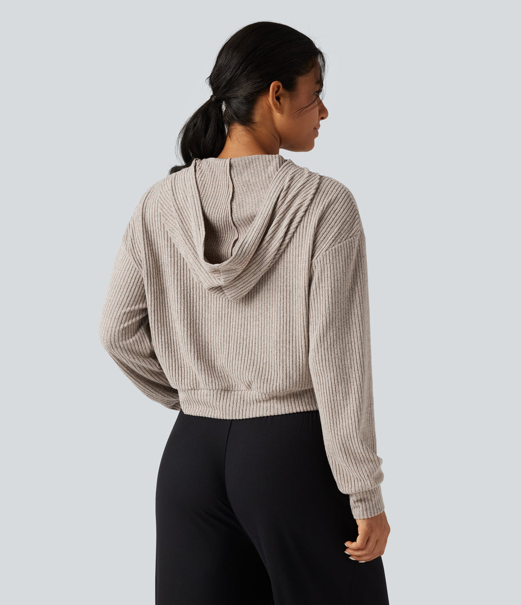 Ribbed Knit Hooded Long Sleeve Lounge Top — Smoked Olive — view 2