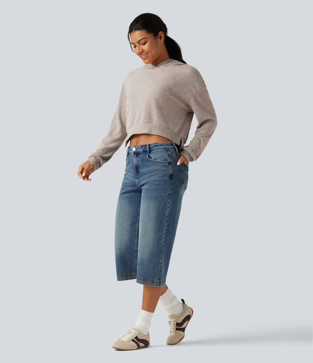 Ribbed Knit Hooded Long Sleeve Lounge Top — Smoked Olive — view 8