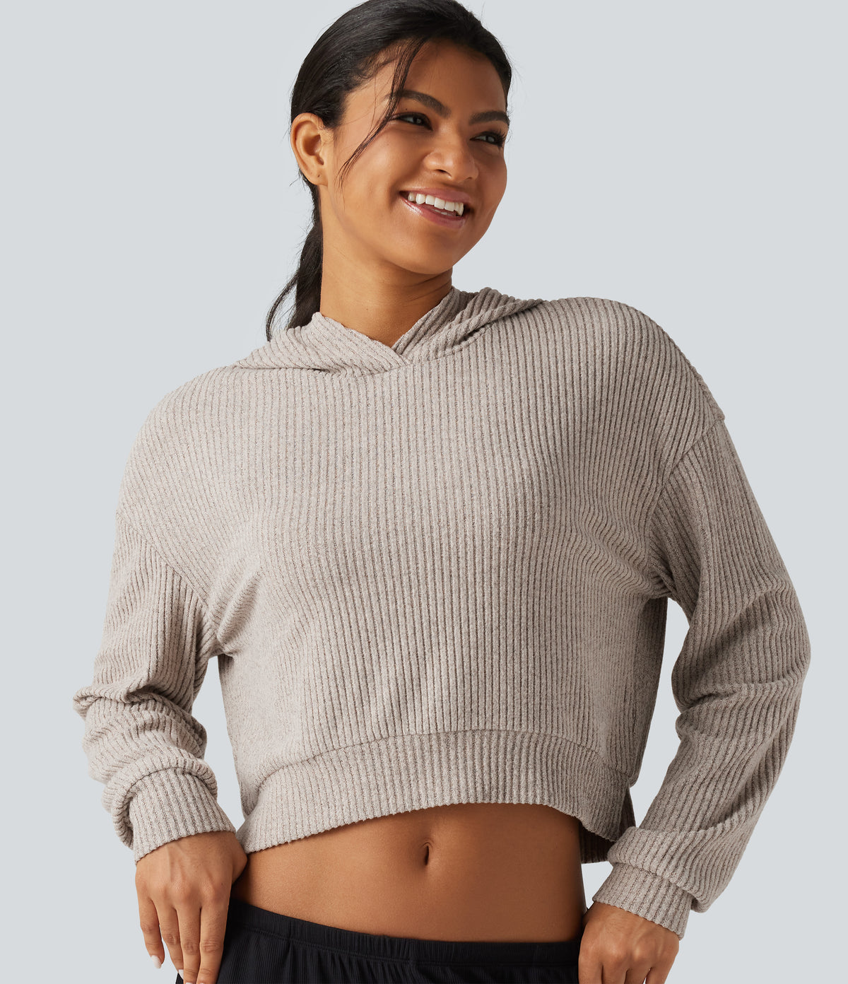Ribbed Knit Hooded Long Sleeve Lounge Top — Smoked Olive — view 1
