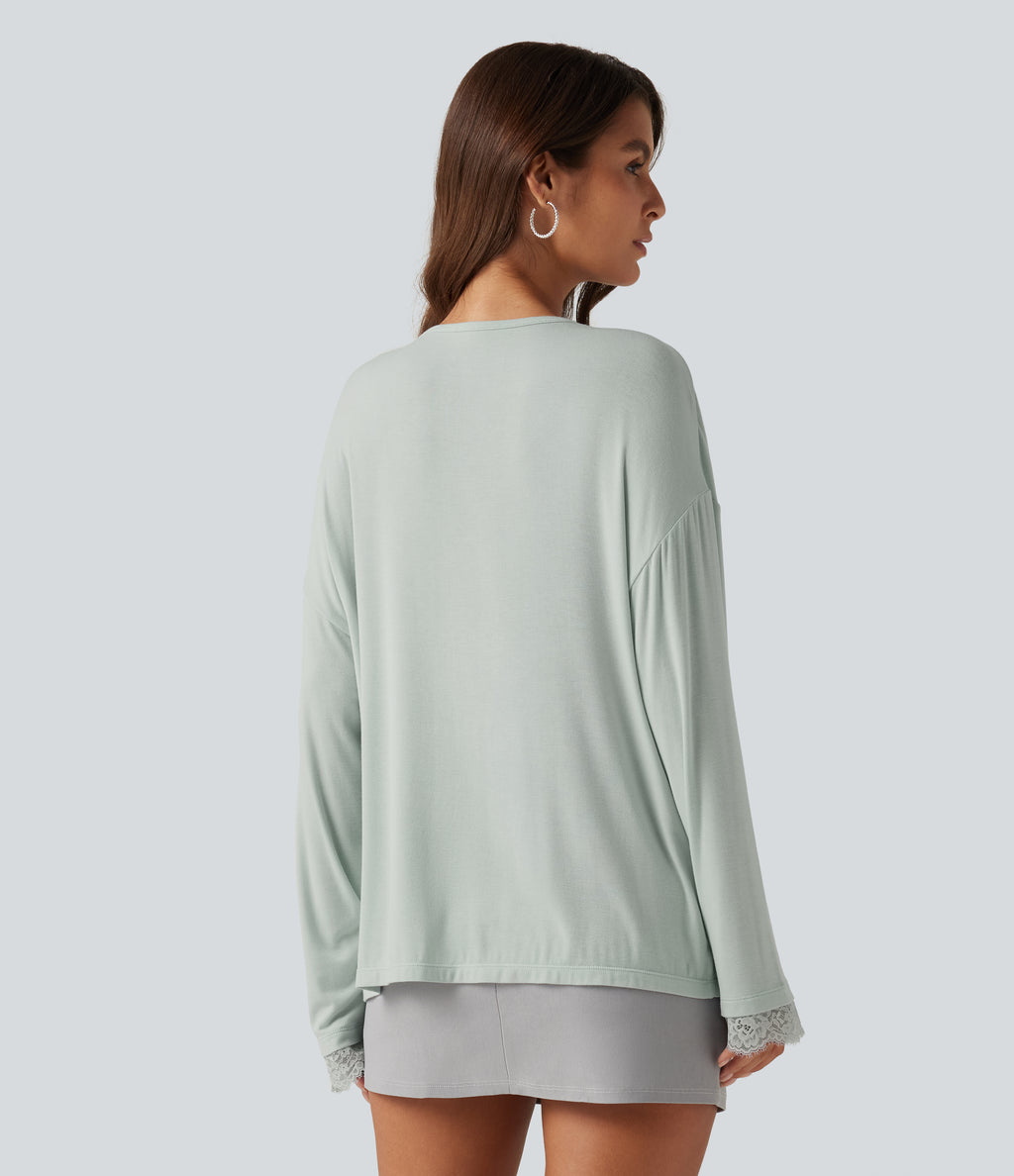 Ribbed V Neck Contrast Lace Long Sleeve Lounge Top — Fairest Jade — view 2