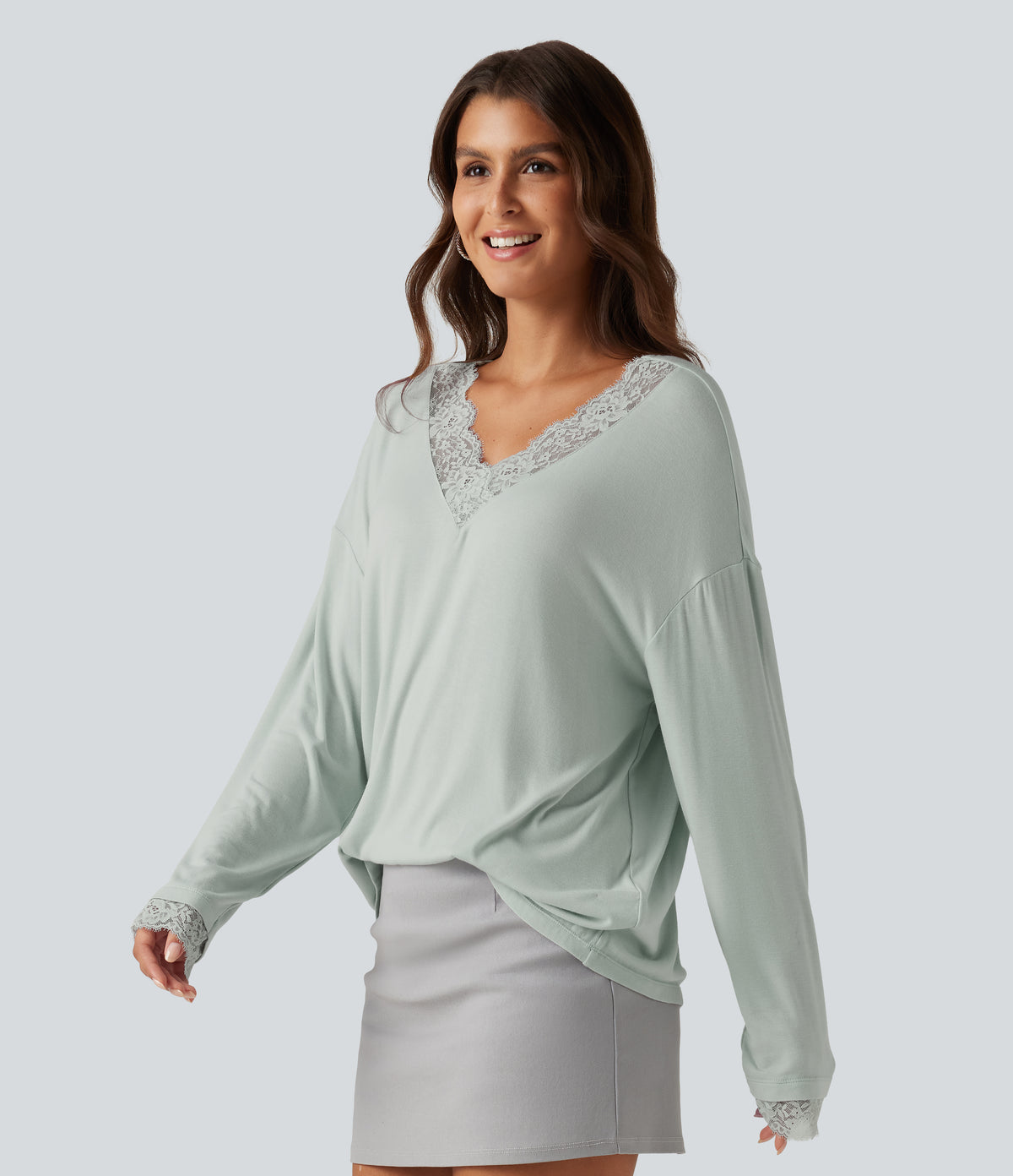Ribbed V Neck Contrast Lace Long Sleeve Lounge Top — Fairest Jade — view 3