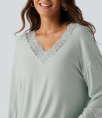 Ribbed V Neck Contrast Lace Long Sleeve Lounge Top — Fairest Jade — view 8