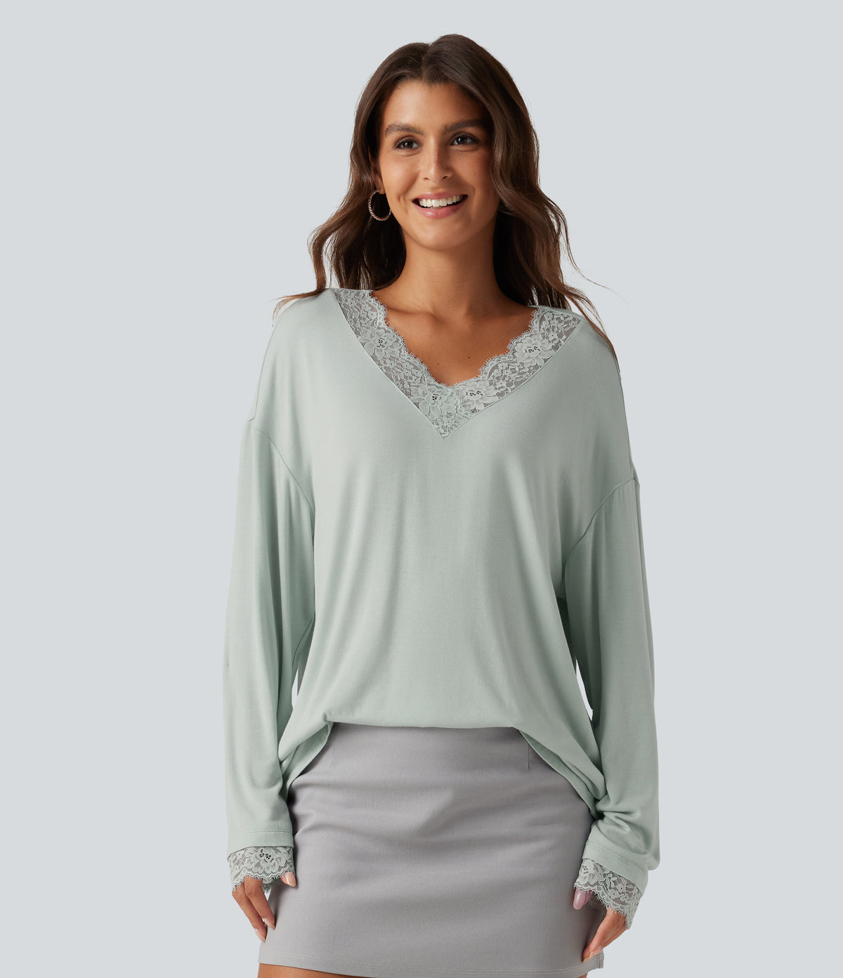 Ribbed V Neck Contrast Lace Long Sleeve Lounge Top — Fairest Jade — view 4
