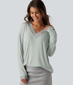 Ribbed V Neck Contrast Lace Long Sleeve Lounge Top — Fairest Jade — view 1