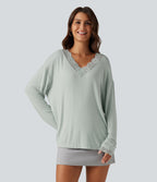 Ribbed V Neck Contrast Lace Long Sleeve Lounge Top — Fairest Jade — view 5