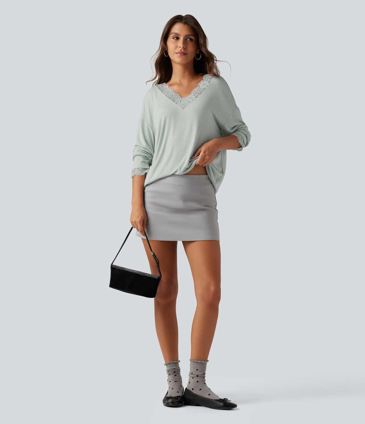 Ribbed V Neck Contrast Lace Long Sleeve Lounge Top — Fairest Jade — view 7