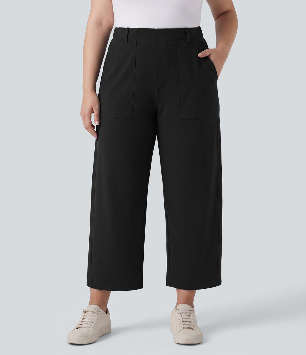 Plus Size High Waisted Barrel Leg Casual Trousers with Pockets — Black — view 6