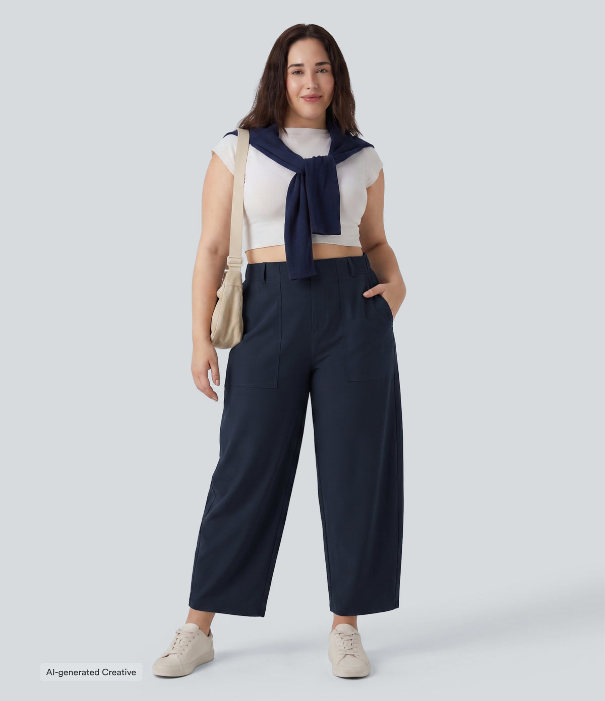 Plus Size High Waisted Barrel Leg Casual Trousers with Pockets — Midnight Blue — view 5