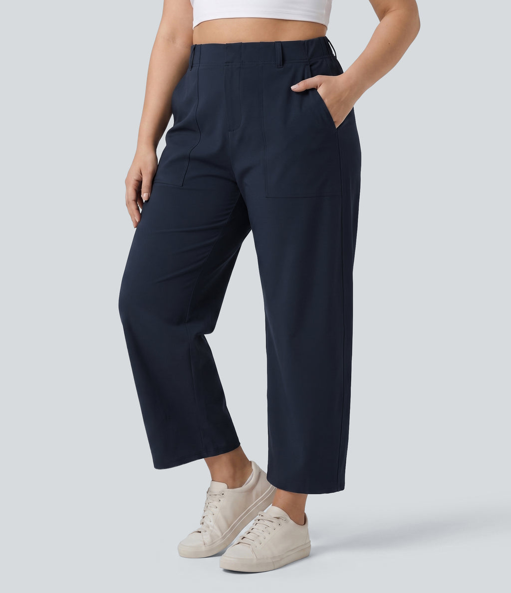 Plus Size High Waisted Barrel Leg Casual Trousers with Pockets — Midnight Blue — view 3