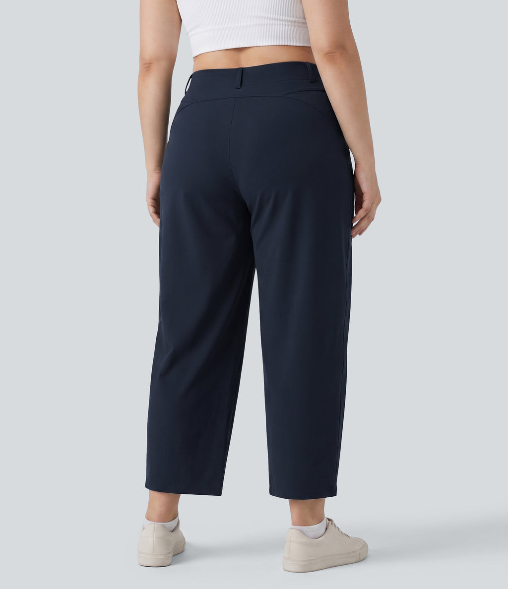 Plus Size High Waisted Barrel Leg Casual Trousers with Pockets — Midnight Blue — view 2