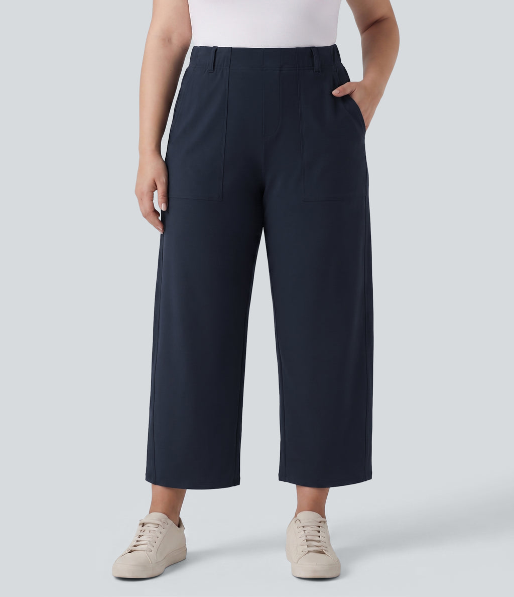 Plus Size High Waisted Barrel Leg Casual Trousers with Pockets — Midnight Blue — view 1
