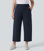 Plus Size High Waisted Barrel Leg Casual Trousers with Pockets — Midnight Blue — view 1