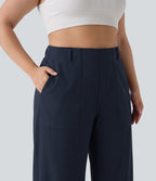 Plus Size High Waisted Barrel Leg Casual Trousers with Pockets — Midnight Blue — view 4