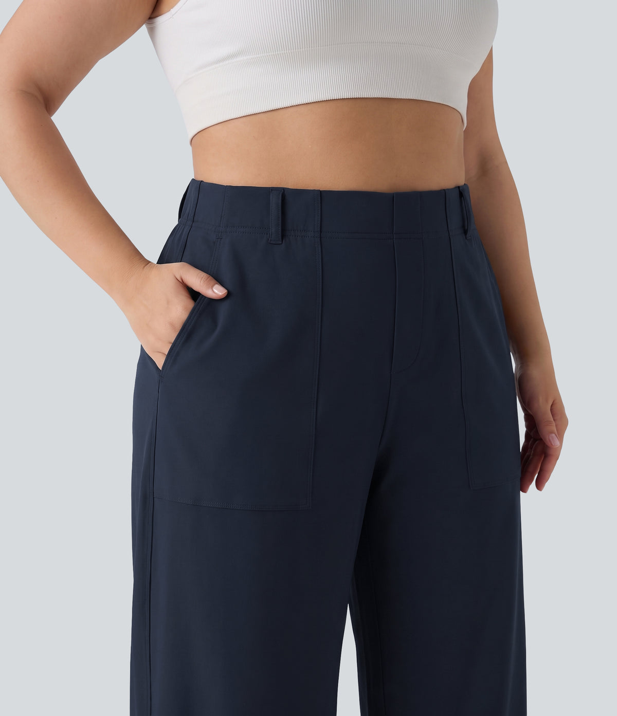 Plus Size High Waisted Barrel Leg Casual Trousers with Pockets — Midnight Blue — view 4