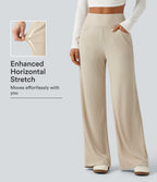 Ribbed Knit High Waisted Wide Leg Casual Trousers with Pockets — Whipped Taupe — view 1