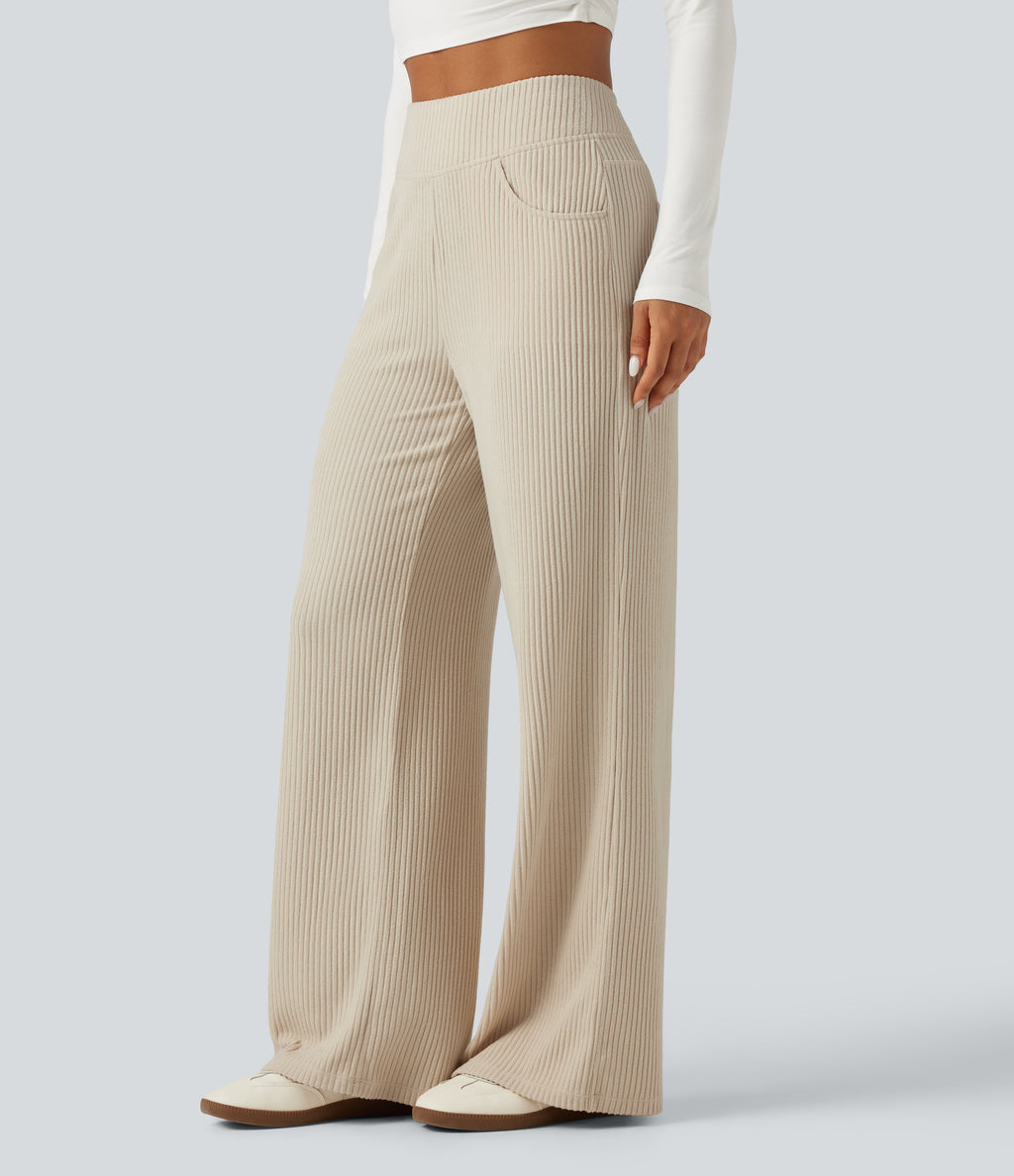 Ribbed Knit High Waisted Wide Leg Casual Trousers with Pockets — Whipped Taupe — view 3