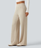 Ribbed Knit High Waisted Wide Leg Casual Trousers with Pockets — Whipped Taupe — view 3