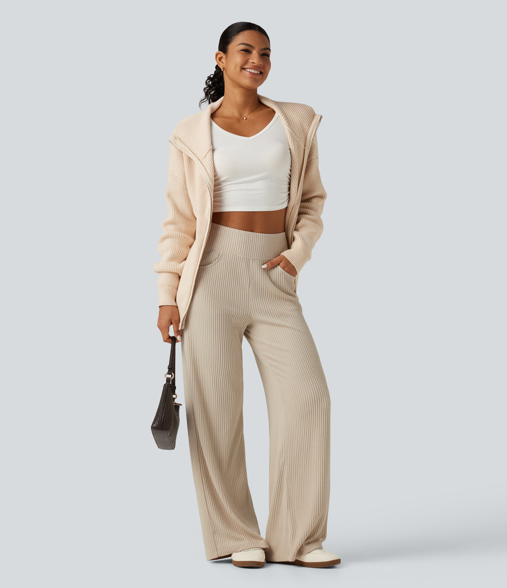 Ribbed Knit High Waisted Wide Leg Casual Trousers with Pockets — Whipped Taupe — view 7