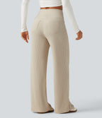 Ribbed Knit High Waisted Wide Leg Casual Trousers with Pockets — Whipped Taupe — view 2