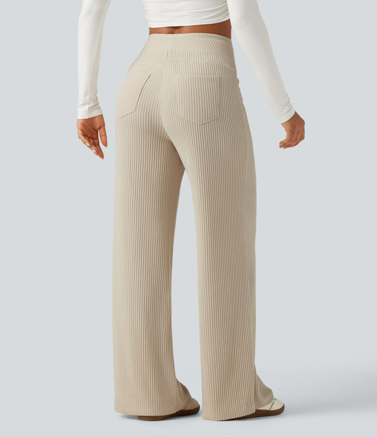 Ribbed Knit High Waisted Wide Leg Casual Trousers with Pockets — Whipped Taupe — view 2
