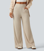 Ribbed Knit High Waisted Wide Leg Casual Trousers with Pockets — Whipped Taupe — view 6