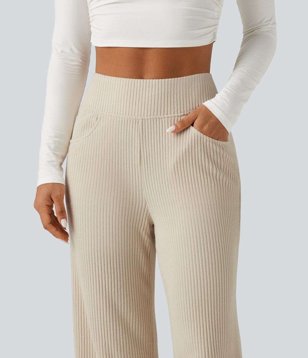 Ribbed Knit High Waisted Wide Leg Casual Trousers with Pockets — Whipped Taupe — view 4