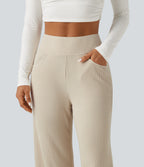 Ribbed Knit High Waisted Wide Leg Casual Trousers with Pockets — Whipped Taupe — view 4