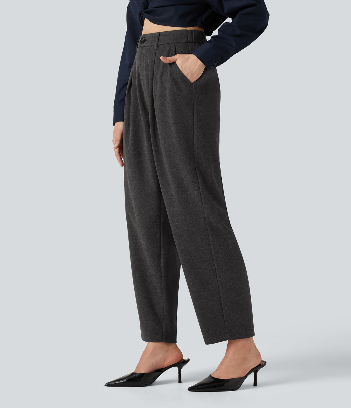 High Waisted Tapered Work Trousers with Pockets — Dark Grey — view 3