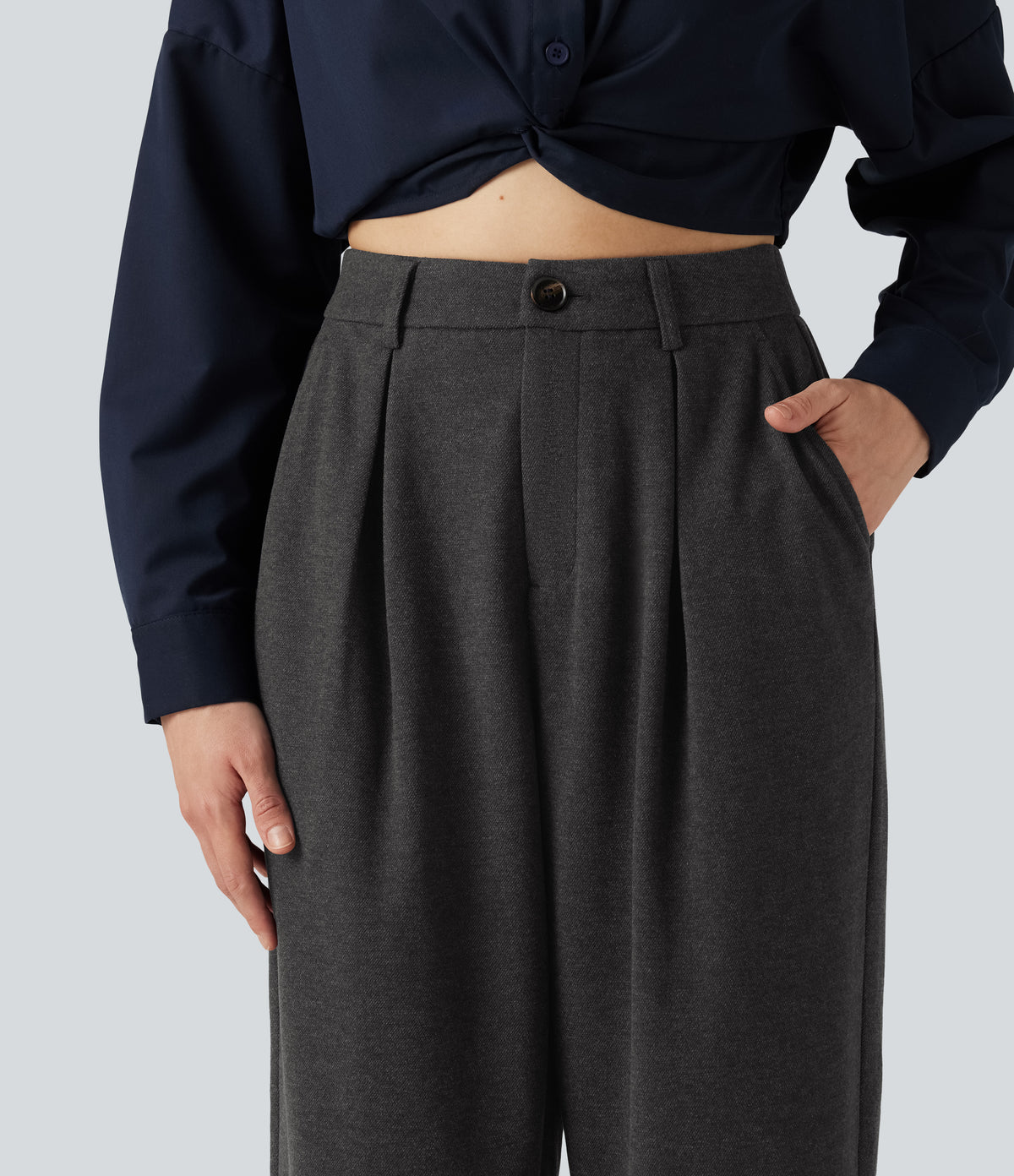 High Waisted Tapered Work Trousers with Pockets — Dark Grey — view 4