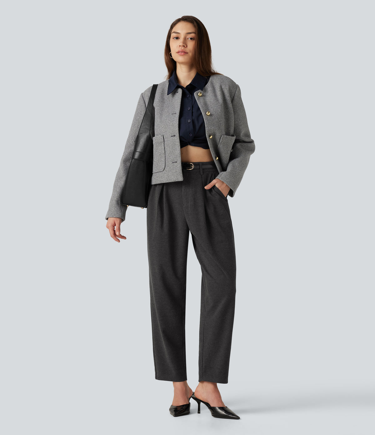 High Waisted Tapered Work Trousers with Pockets — Dark Grey — view 6