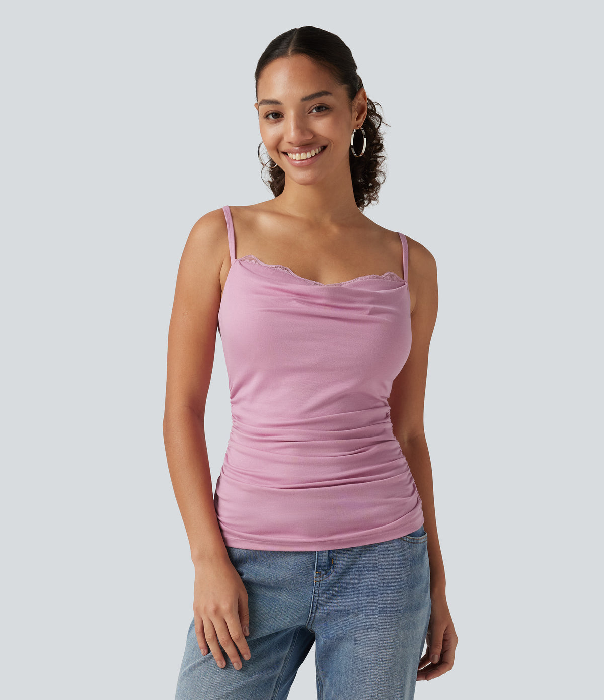 Ribbed Cowl Neck Contrast Lace Ruched Built-in Bra Casual Tank Top — Sweet Lilac — view 3