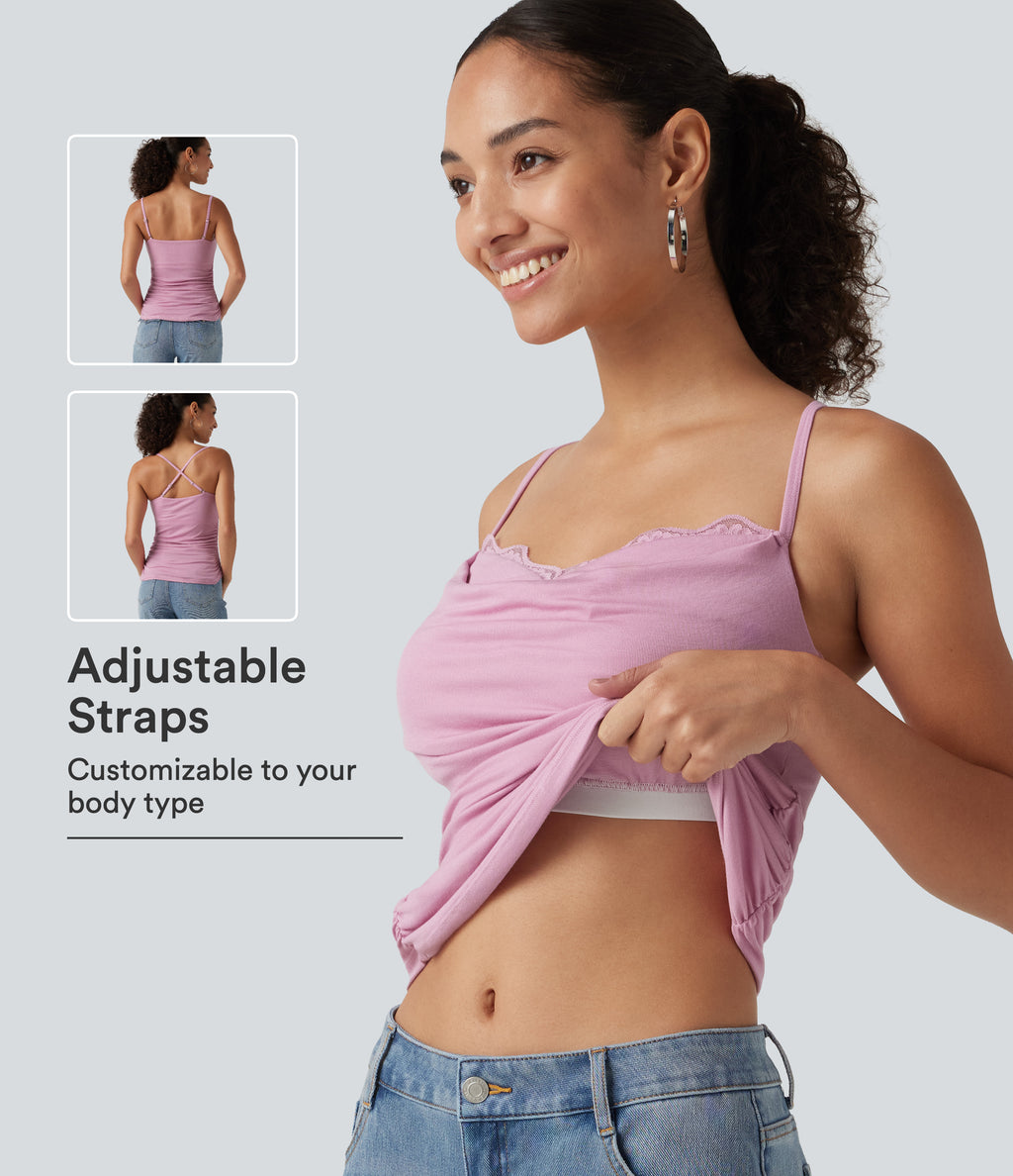 Ribbed Cowl Neck Contrast Lace Ruched Built-in Bra Casual Tank Top — Sweet Lilac — view 1