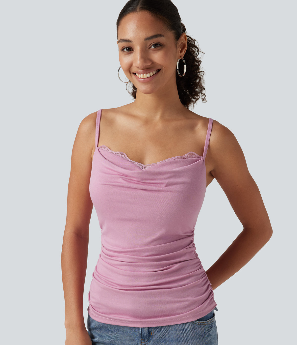 Ribbed Cowl Neck Contrast Lace Ruched Built-in Bra Casual Tank Top — Sweet Lilac — view 6