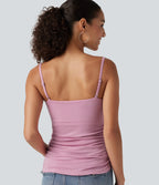 Ribbed Cowl Neck Contrast Lace Ruched Built-in Bra Casual Tank Top — Sweet Lilac — view 7