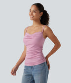 Ribbed Cowl Neck Contrast Lace Ruched Built-in Bra Casual Tank Top — Sweet Lilac — view 4