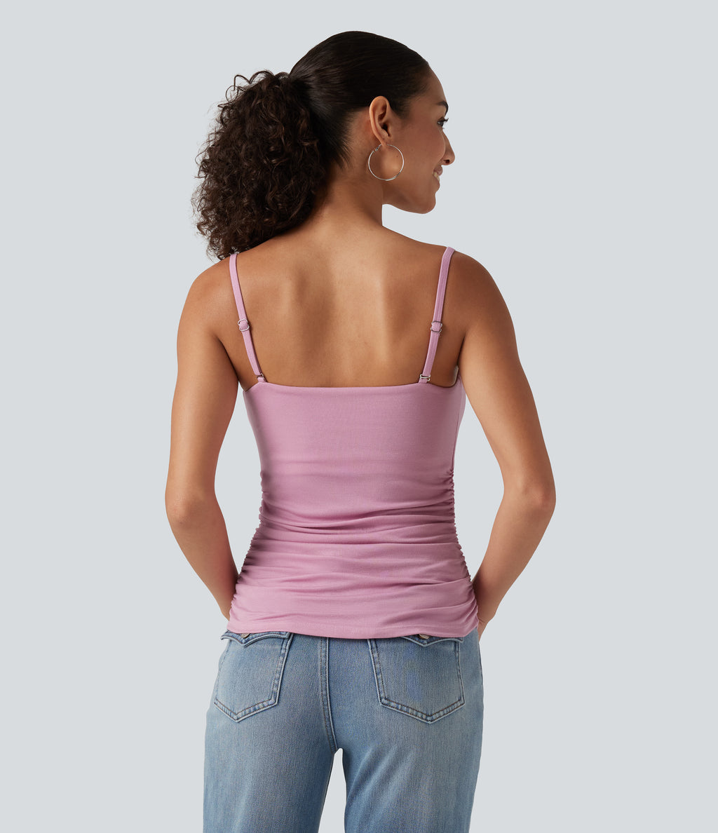Ribbed Cowl Neck Contrast Lace Ruched Built-in Bra Casual Tank Top — Sweet Lilac — view 2