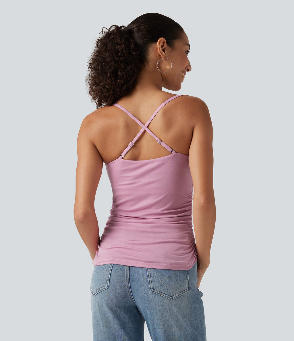 Ribbed Cowl Neck Contrast Lace Ruched Built-in Bra Casual Tank Top — Sweet Lilac — view 5