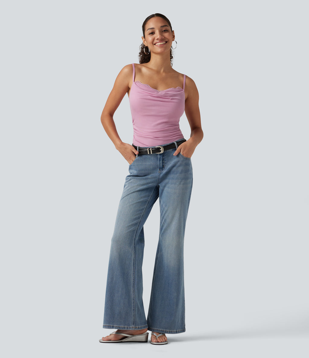 Ribbed Cowl Neck Contrast Lace Ruched Built-in Bra Casual Tank Top — Sweet Lilac — view 8
