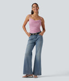 Ribbed Cowl Neck Contrast Lace Ruched Built-in Bra Casual Tank Top — Sweet Lilac — view 8